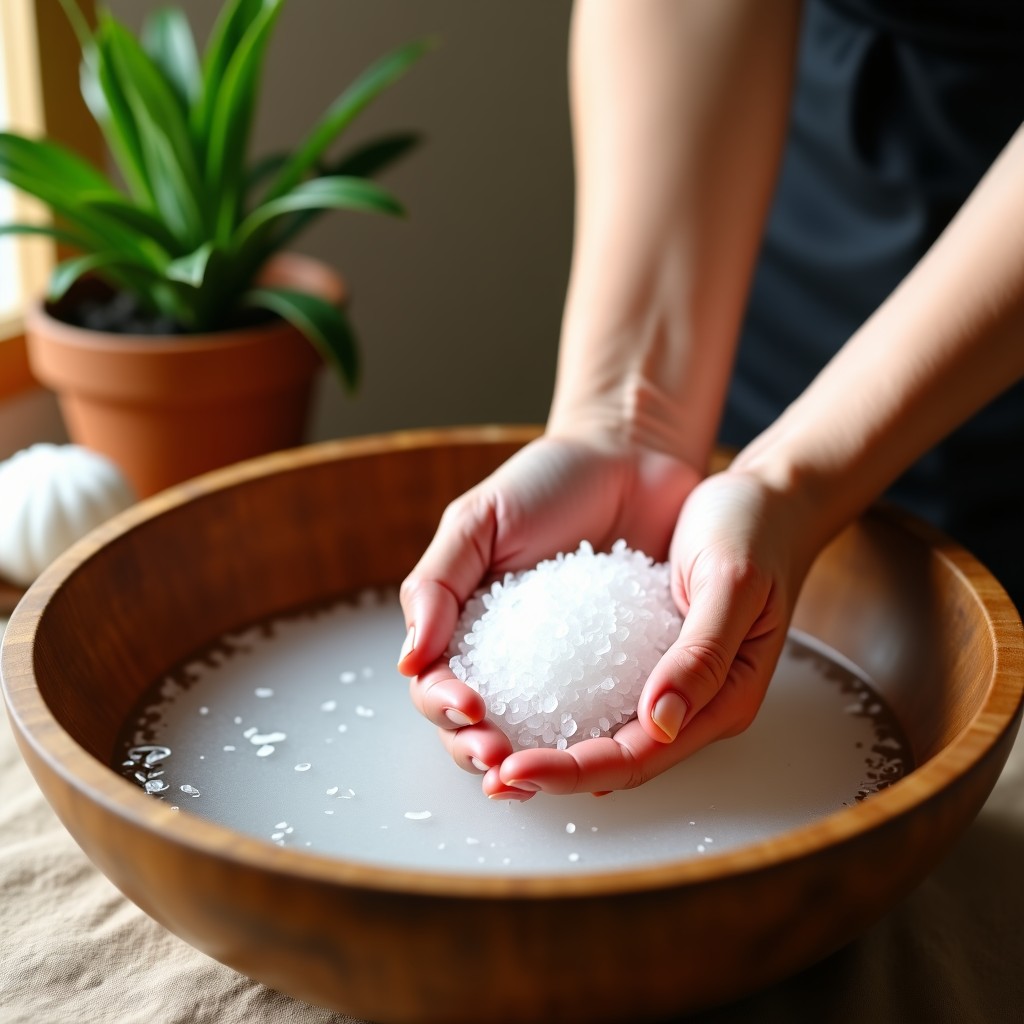 Hands soaking in a wooden bowl filled with warm water and sea salt, relaxing spa-like atmosphere, lifestyle photography, 4:3
