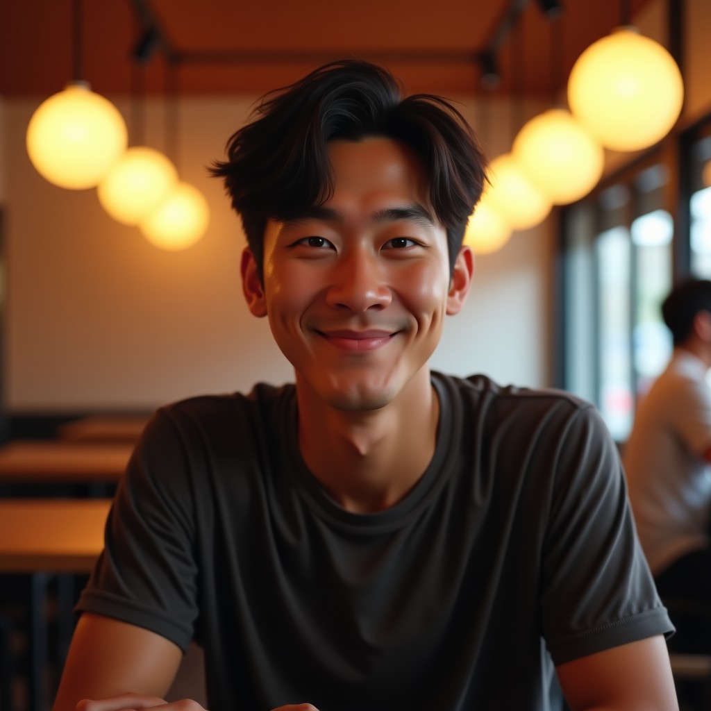 A soft and warm portrait of a kind-looking Korean man smiling gently in a cozy cafe, cinematic lighting, realistic style, 4:3
