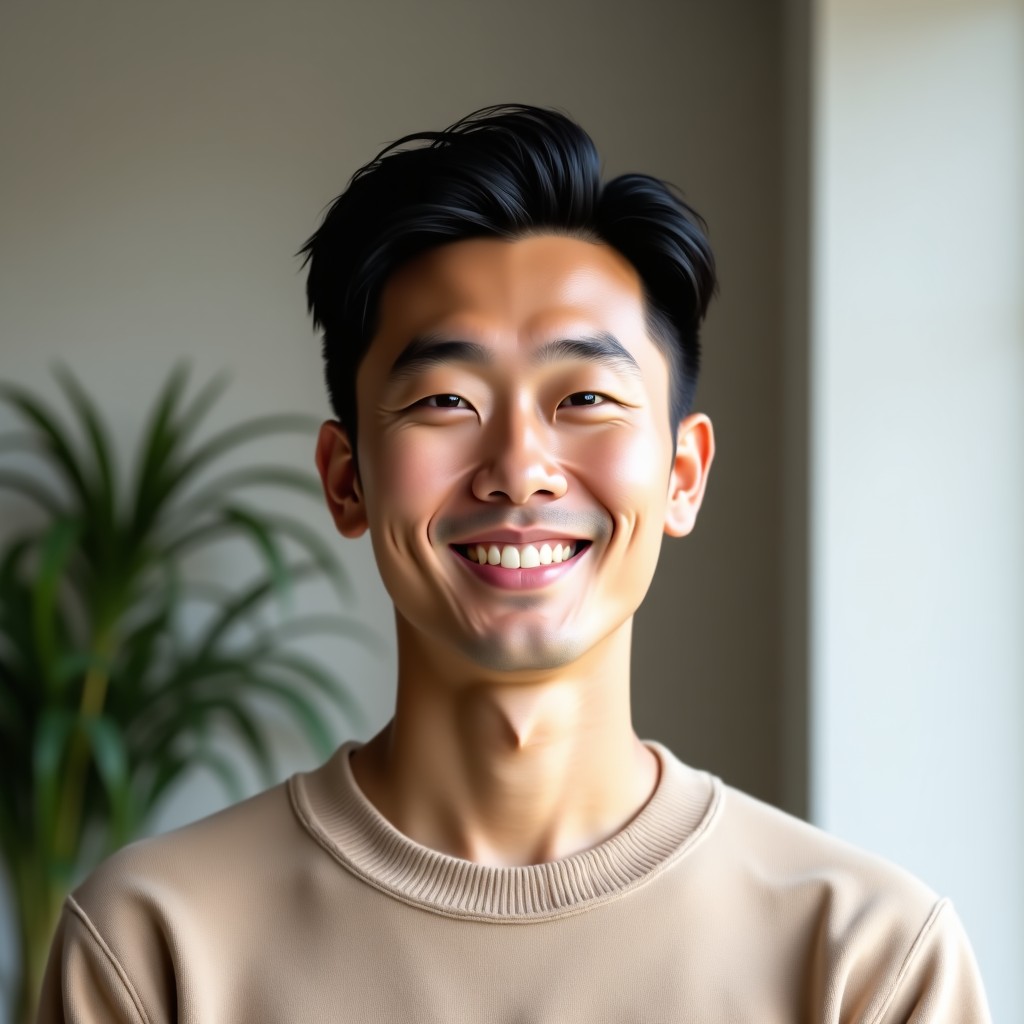 A Korean man with a gentle and kind smile, wearing a beige knit sweater, soft natural lighting, looking friendly and approachable, realistic photography, 4:3