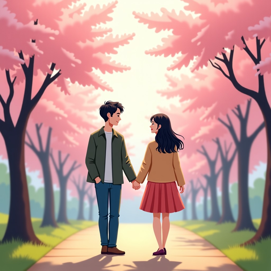 A young Korean couple walking together in a park during early spring. Cherry blossoms are beginning to bud. They are holding hands and smiling at each other. The atmosphere is bright and joyful. 4:3
