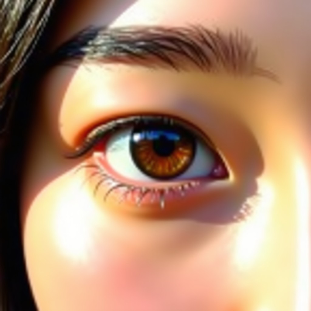 Close-up of a Korean woman's eye wearing a natural brown highlight contact lens, warm and soft lighting, detailed iris texture, no text, 1:1