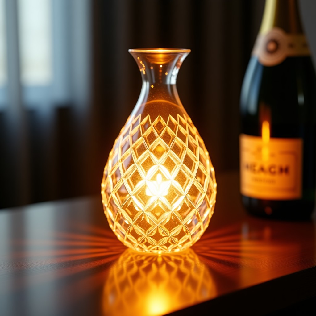 Close-up of an elegant crystal lamp with intricate diamond patterns, emitting a golden warm glow. The background is a blurry chic interior with a bottle of champagne. Realistic lighting, luxury mood, 1:1