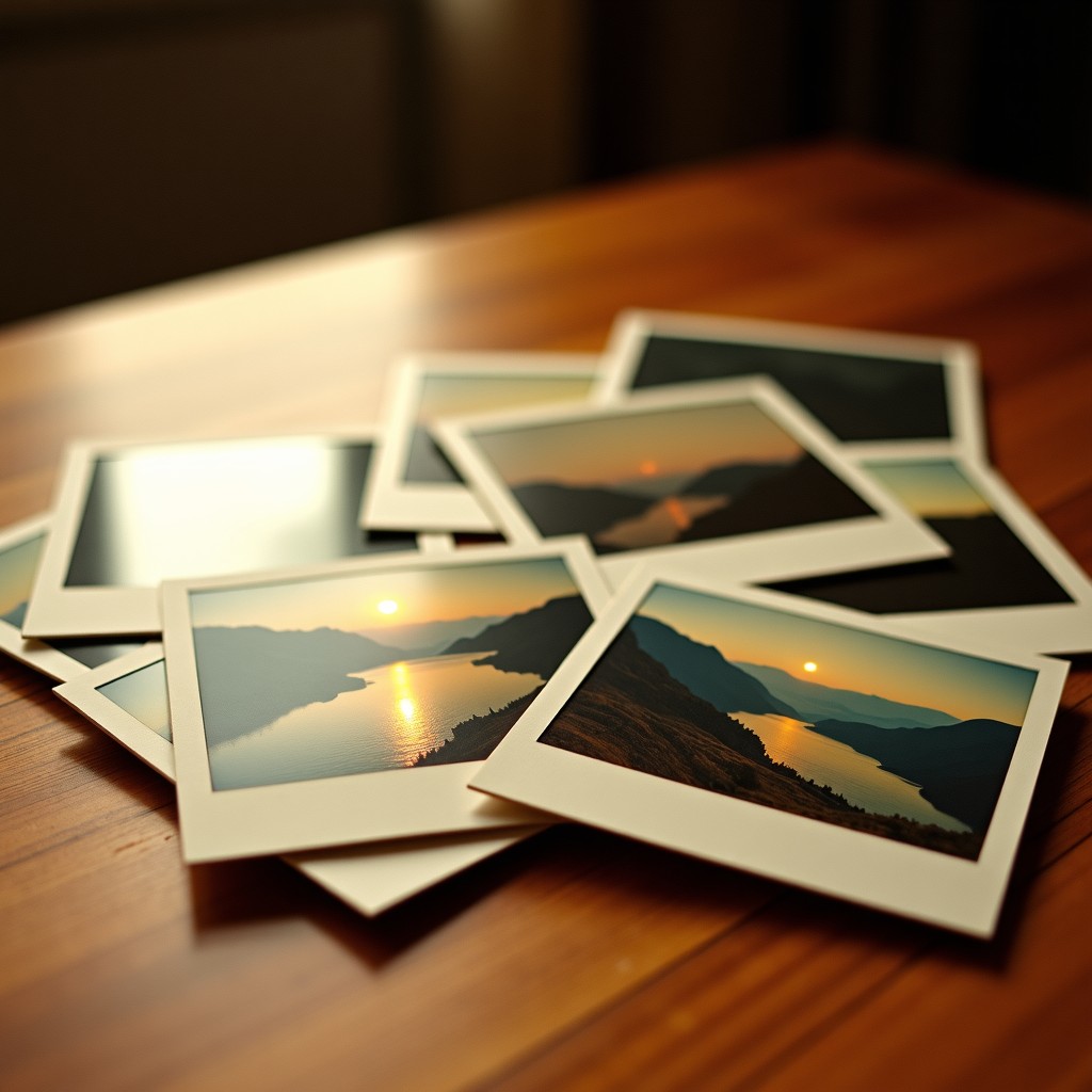 A stack of developed film photographs with warm vintage tones scattered on a table, grainy texture, nostalgic feeling, lifestyle photography, 4:3