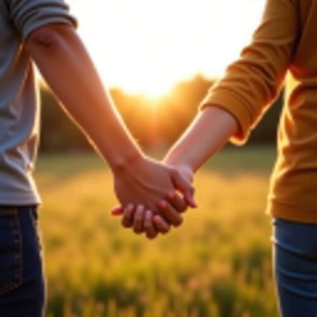 A close-up lifestyle photography of two people holding hands in a warm natural sunlight setting. Focus on the connection and support. Soft blurred background. 1:1