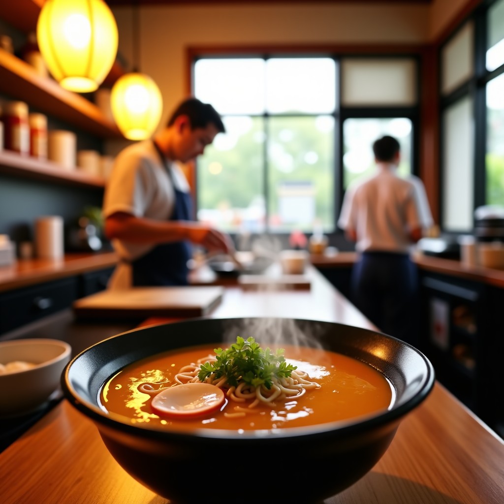A cozy interior of a Japanese ramen bar with steam rising from the kitchen, blurred background of a chef working, warm and inviting atmosphere, Matsuyama travel vibe. 4:3