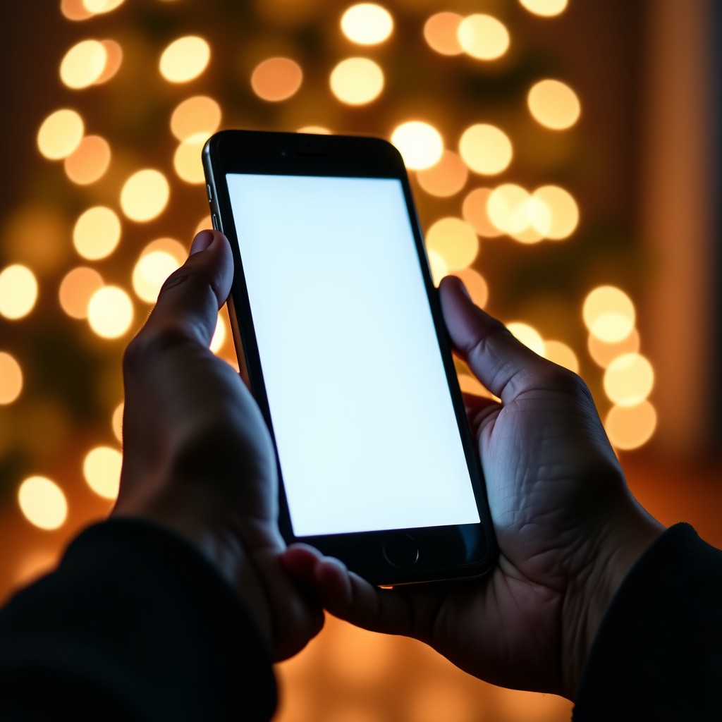 Close up of hands holding a modern smartphone, blurred warm cozy interior background with festive decorations, soft lighting, focus on the phone screen without visible text, lifestyle photography, 16:9 aspect ratio.