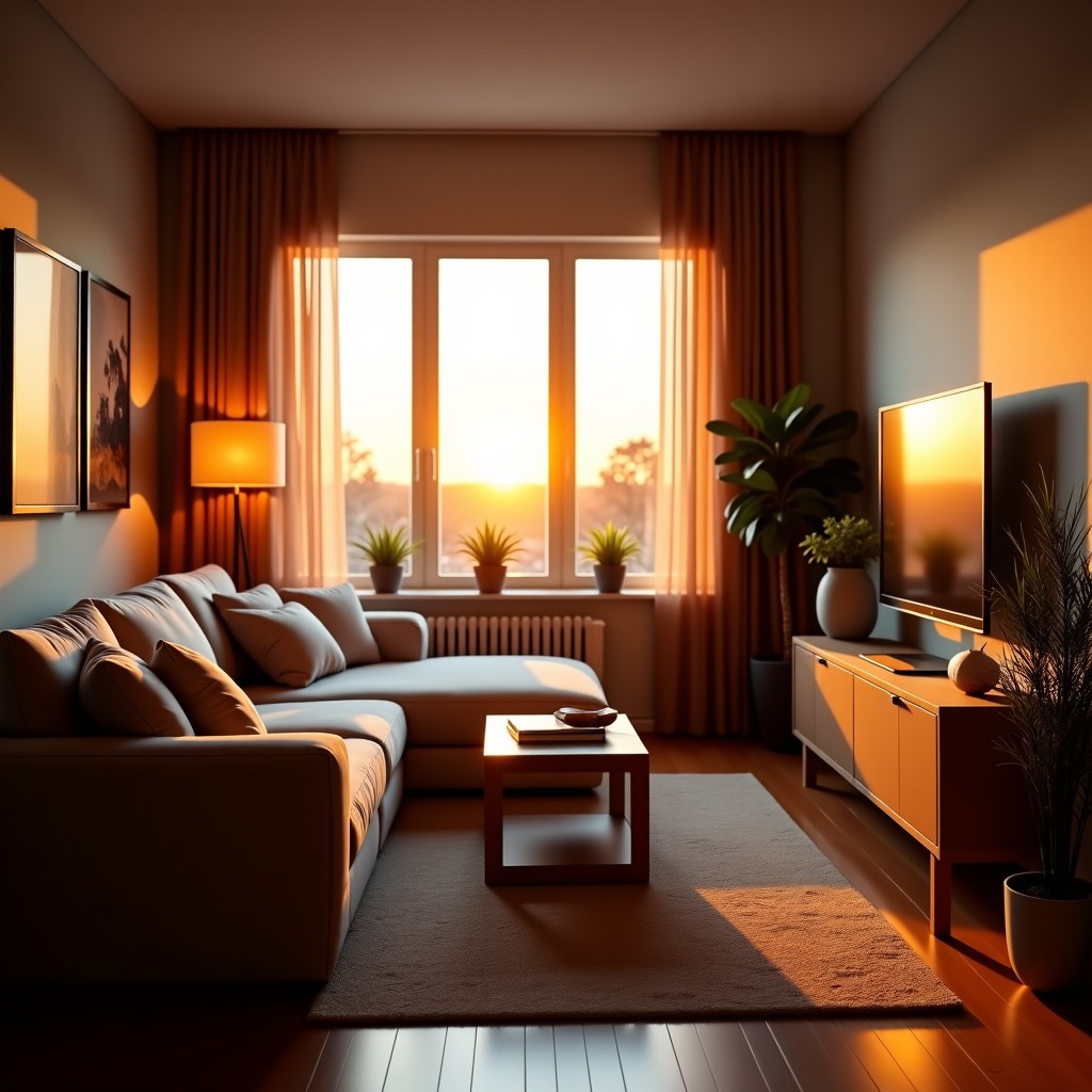 A cozy living room at sunset with warm ambient lighting, comfortable furniture, and premium home appliances, peaceful lifestyle vibe, 1:1