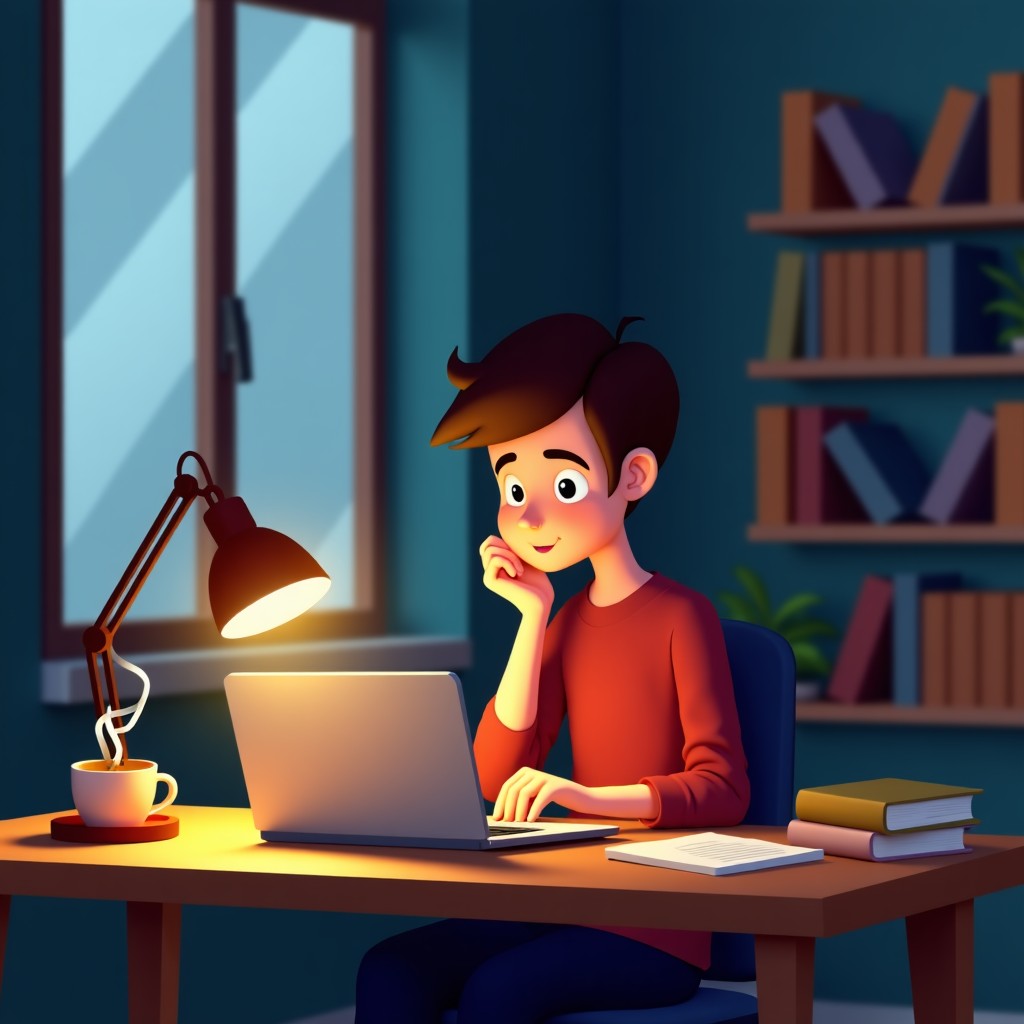 Realistic indoor photography of a cozy study room with a person sitting at a desk, looking at a laptop screen with a thoughtful expression. A steaming cup of coffee and some books are on the side, soft ambient lighting from a desk lamp, detailed composition. 4:3 aspect ratio. NO TEXT.