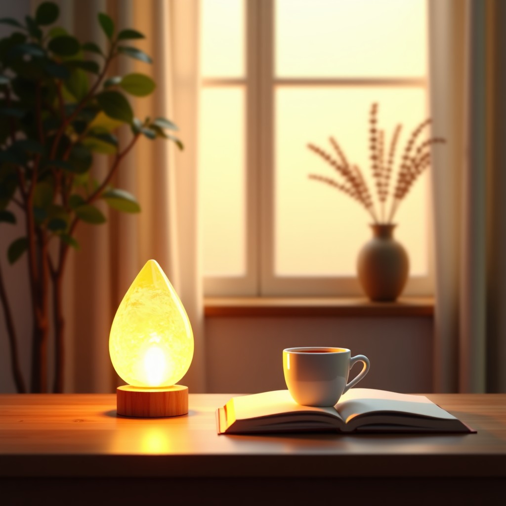 A cozy home cafe setting with a crystal lamp glowing softly next to a book and a cup of coffee. Warm sunlight filtering through sheer curtains in the background. Calm and peaceful atmosphere, natural textures, 1:1