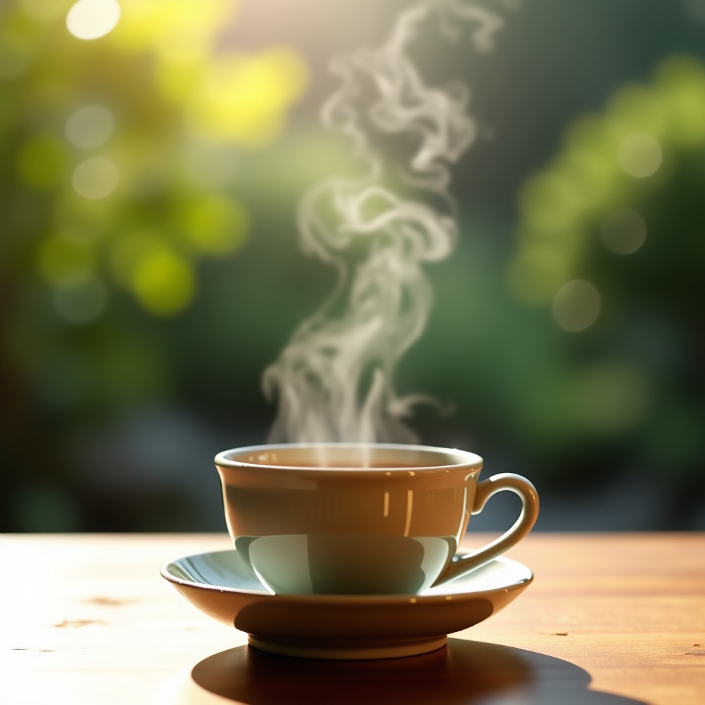 A steaming cup of traditional Korean tea on a wooden table, blurry background of a peaceful garden, serene and calm atmosphere, high quality photography. 4:3