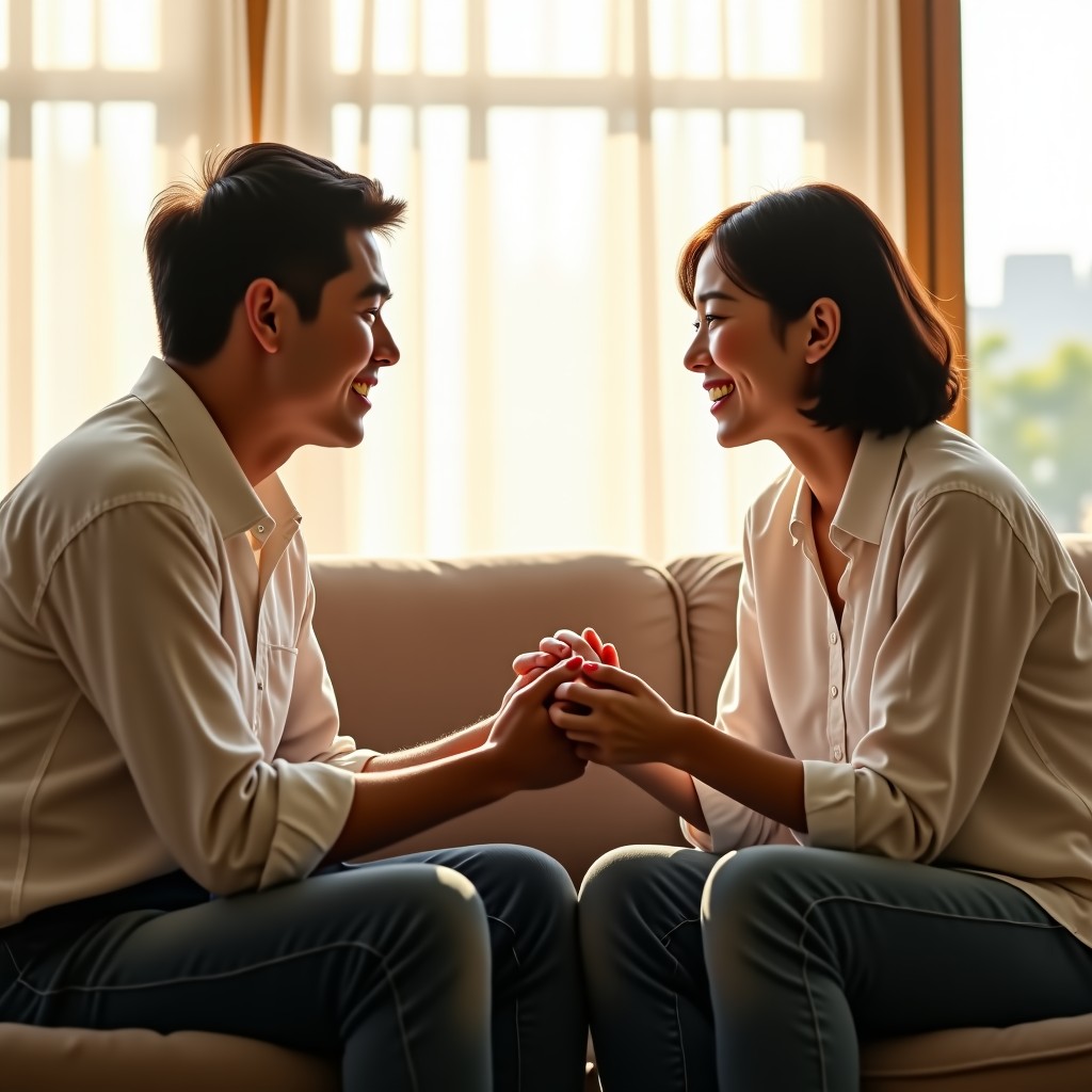 A middle-aged Korean couple sitting on a comfortable sofa in a living room filled with warm sunlight, gently holding each other's hands, expressing emotional connection and support, high quality lifestyle photography, 4:3