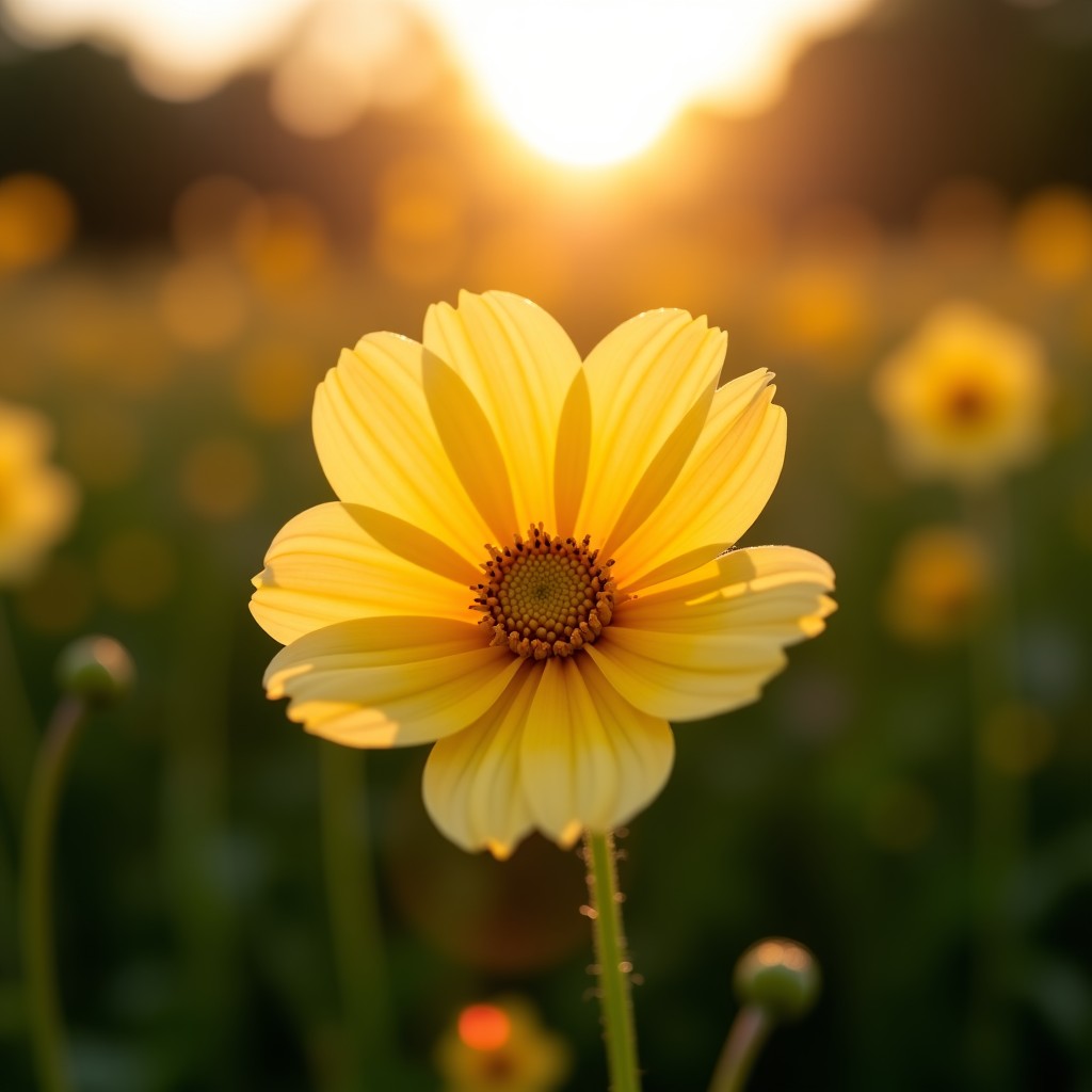 A beautiful flower blooming under warm sunlight, symbolic of growth and finding ones true self, lifestyle photography, soft focus, 1:1