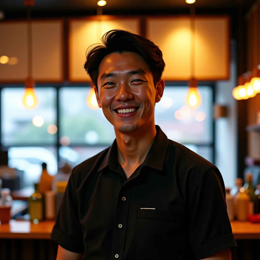 A happy South Korean male business owner smiling in his small modern restaurant, warm and cozy atmosphere, cinematic lighting, 4:3