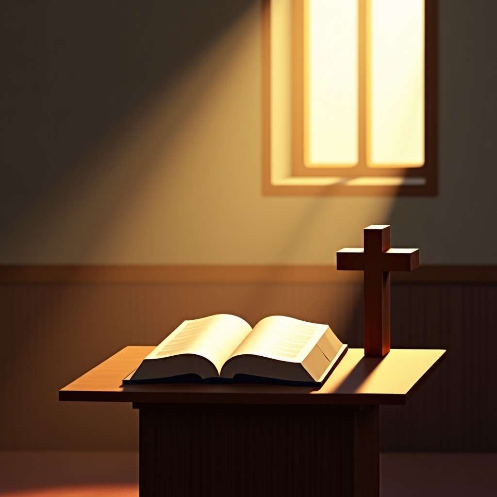 A serene church interior with warm sunlight streaming through a window, illuminating an open Bible and a simple wooden cross on a pulpit. The atmosphere is peaceful and reverent. 1:1