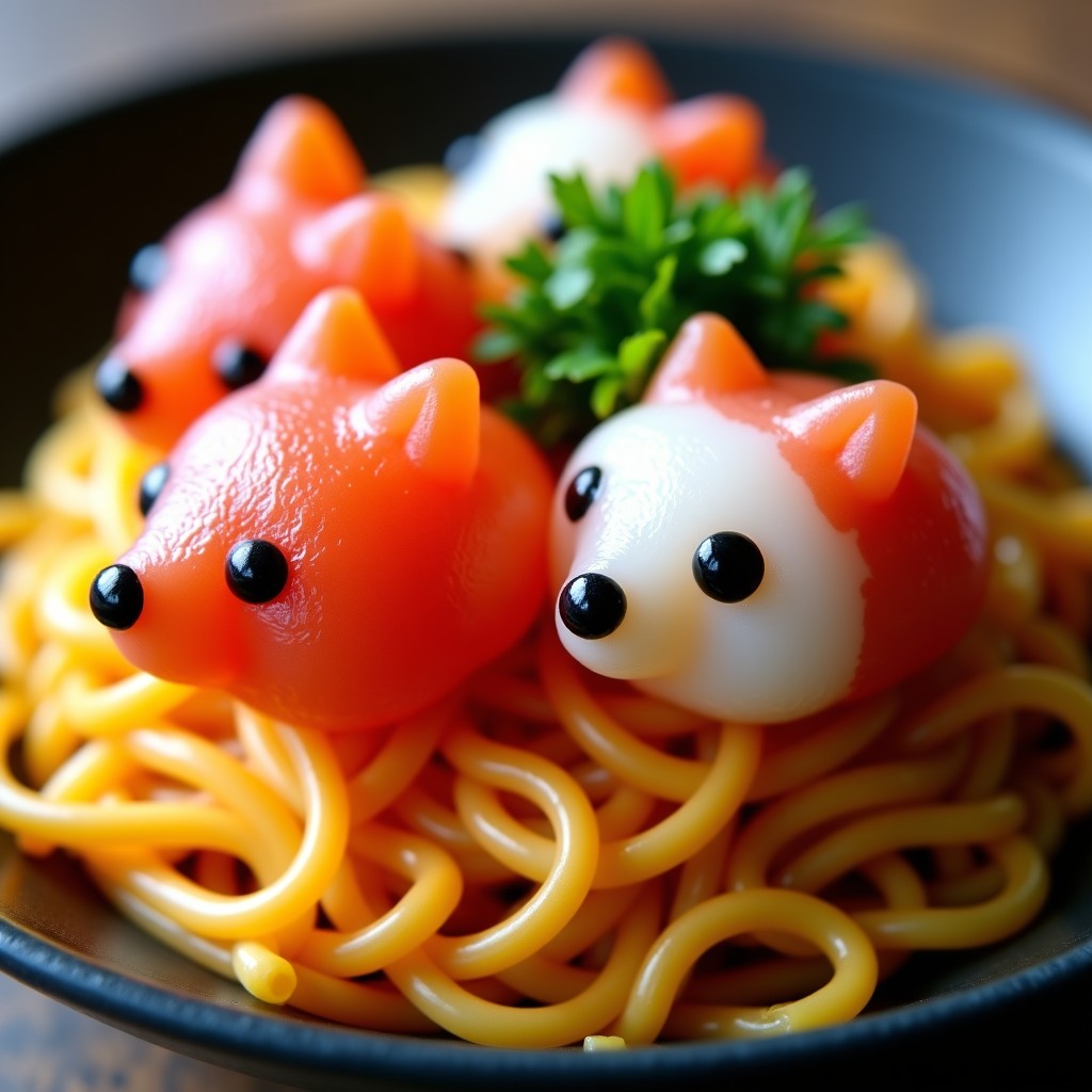Detailed macro shot of Neoguri raccoon-shaped pink and white fish cakes and kelp-shaped fish cakes on top of noodles. Vivid colors and sharp focus on the ingredients. 1:1