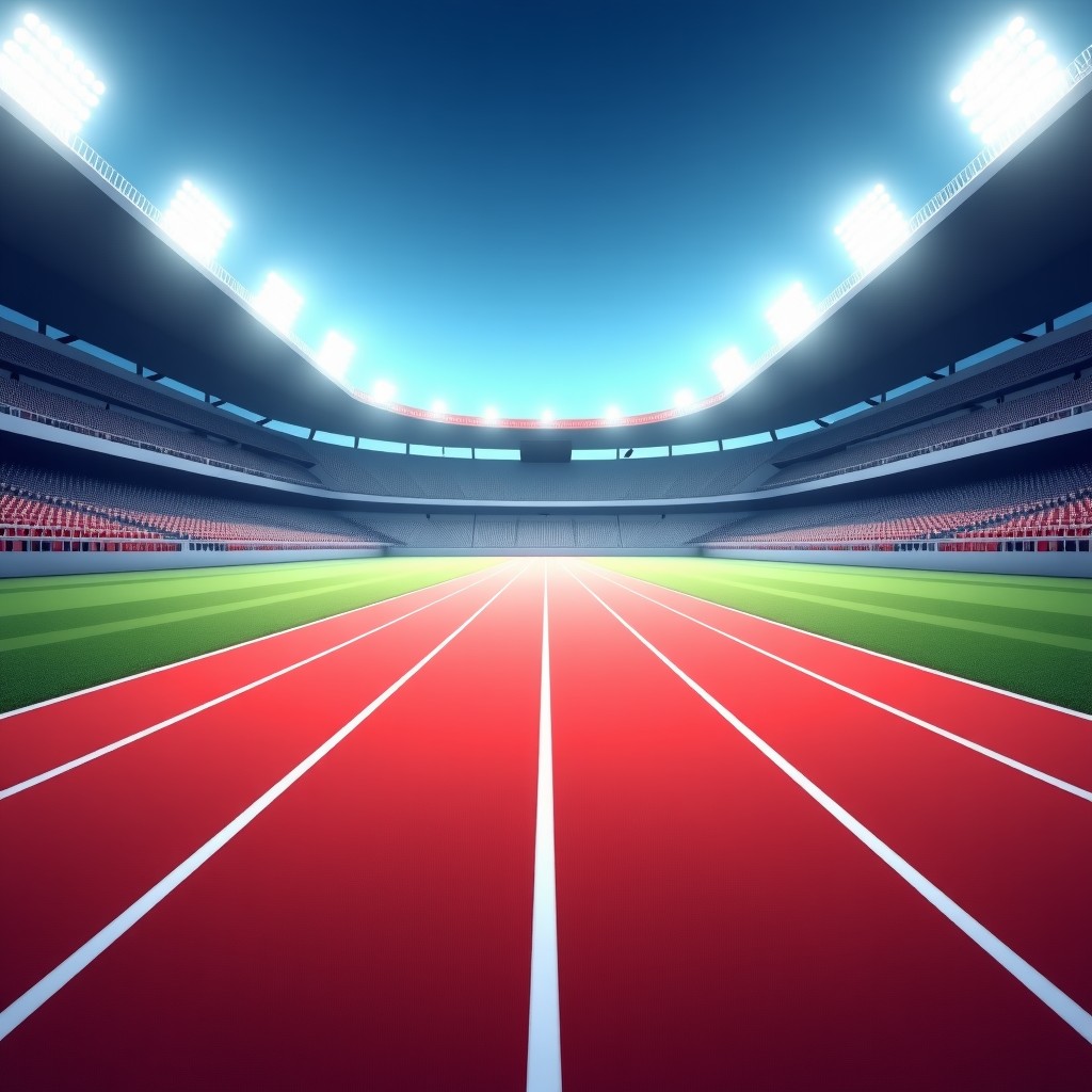 A first-person perspective view of entering a clean red athletic running track inside a large stadium. The finish line is visible in the distance with marathon banners. Stadium seating and bright floodlights. High-quality artistic rendering. 4:3