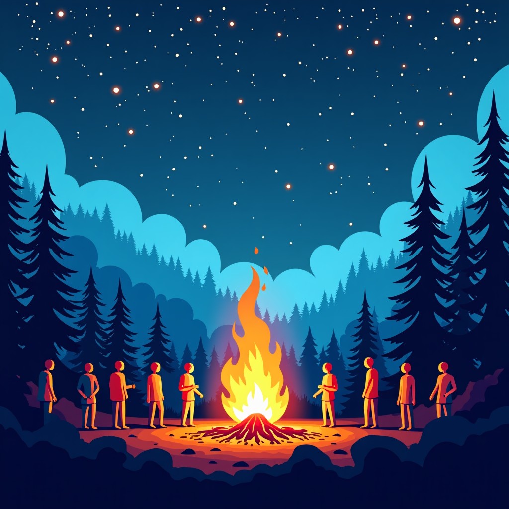 A conceptual illustration of a digital landscape filled with glowing neural network lines representing AI, while in the foreground, diverse human silhouettes are gathered around a bright campfire with the Reddit logo subtly integrated into the flames. High contrast, modern digital art style, 16:9 aspect ratio. NO TEXT.