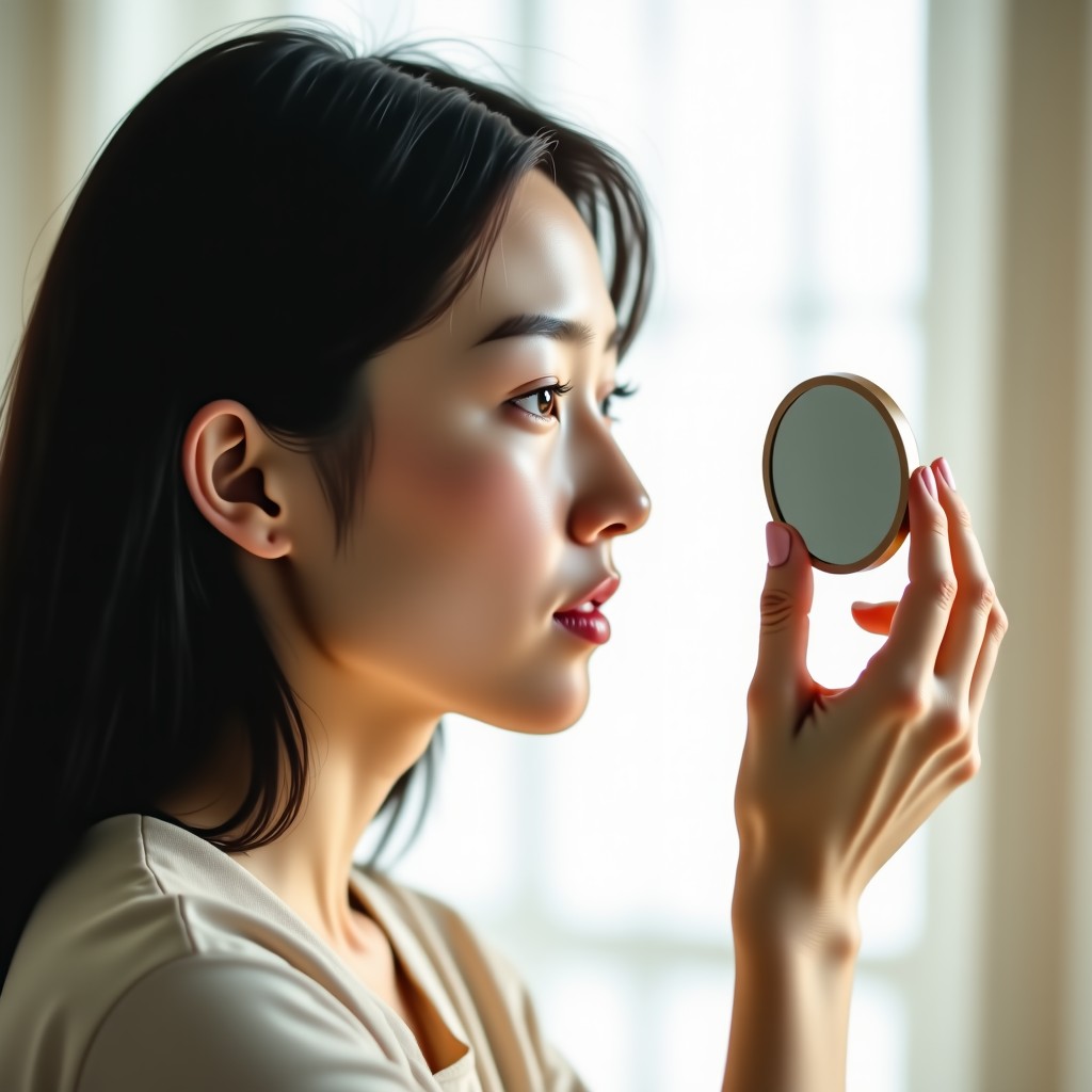 A Korean woman looking into a handheld mirror and gently adjusting her contact lens, soft and bright interior atmosphere, natural expression, no text, 4:3