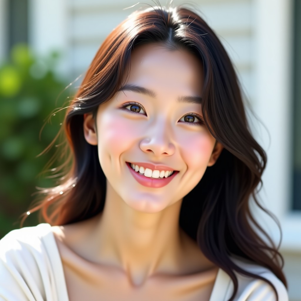 A beautiful Korean woman with clear skin and natural makeup, smiling brightly, showcasing her sparkling eyes wearing stylish contact lenses, lifestyle photography, outdoor soft sunlight. 1:1