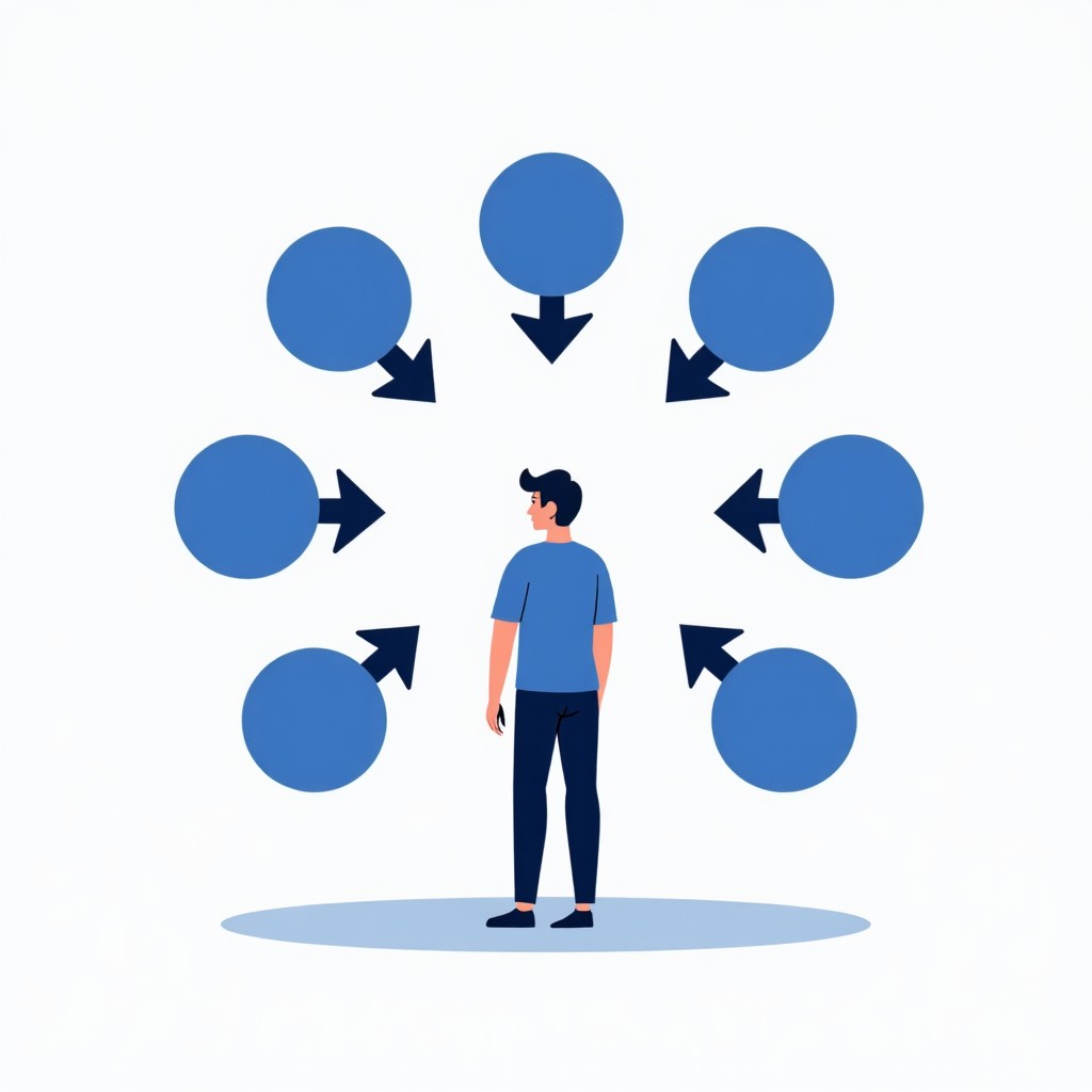 A clean and modern infographic with a calming blue and white color palette. A central figure stands calmly while various arrows representing external opinions and actions pass by without touching them. The overall mood is peaceful and controlled. No text. 4:3