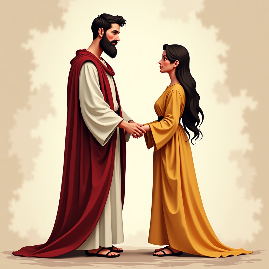 An artistic illustration of a priest in 3rd-century Roman attire standing between a young couple and holding their hands, textured background, historical style, 4:3