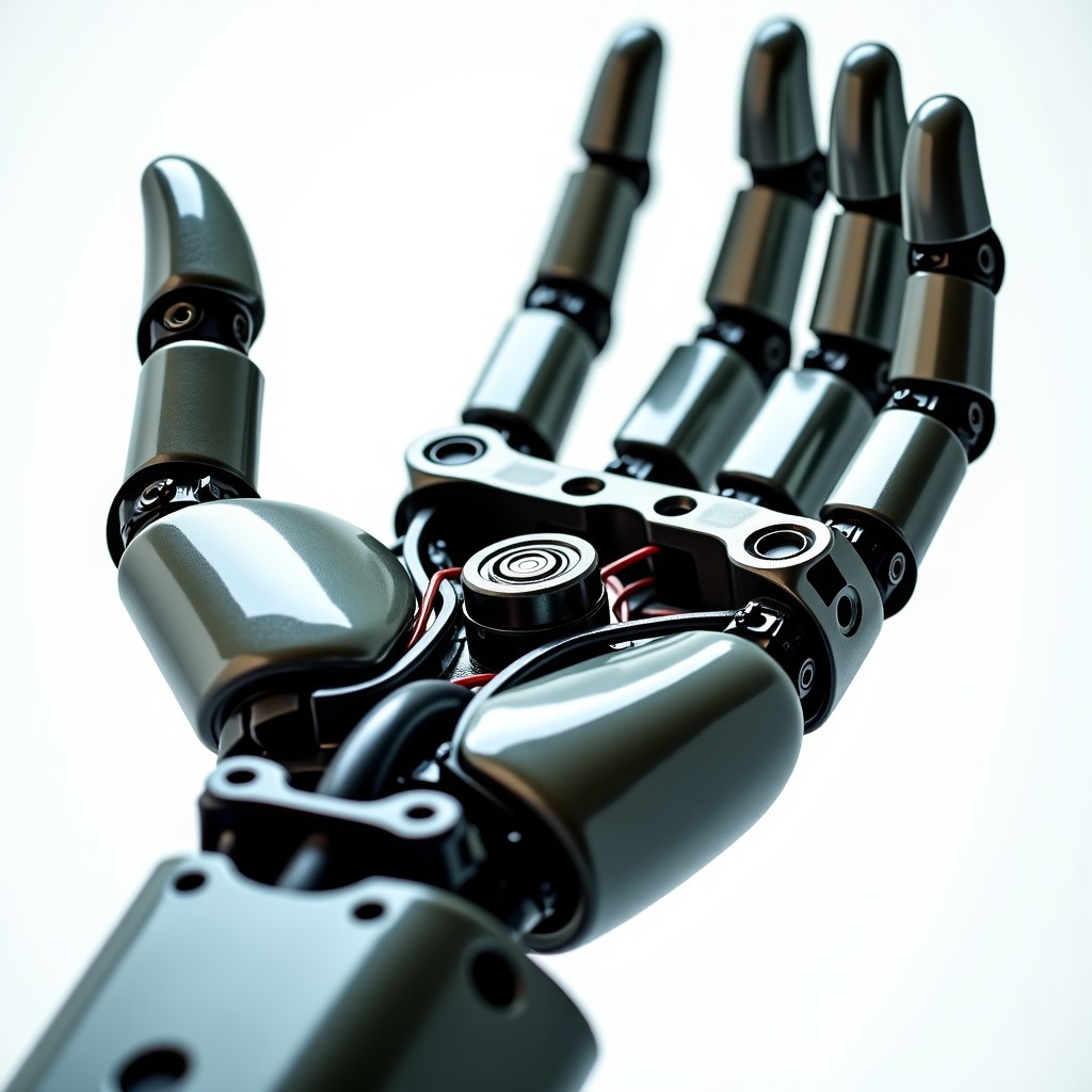 Close-up of internal mechanism of a robotic hand, complex arrangement of metallic tendons and miniature electric motors, wires and gears visible, industrial design aesthetic, technical detail, bright studio lighting, 4:3