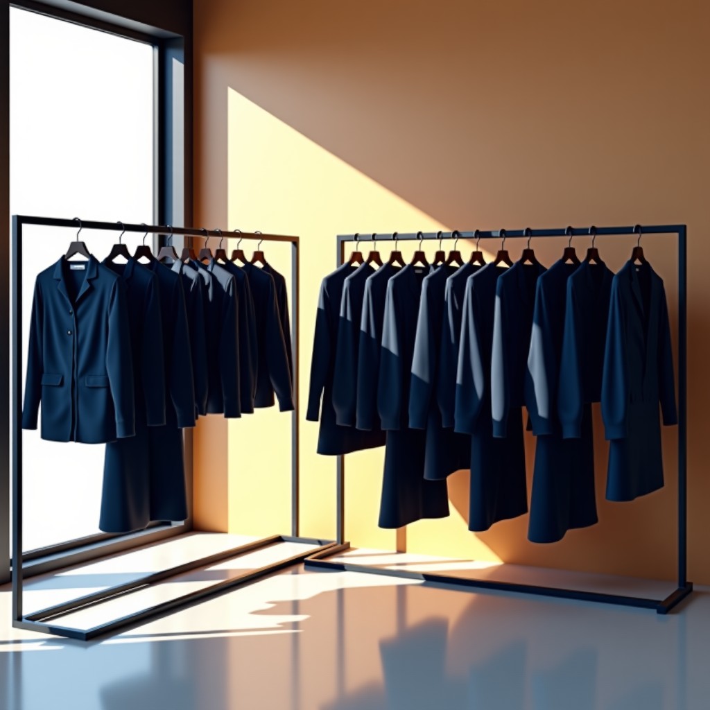 A high-end fashion boutique interior with elegant navy blue spring garments displayed on minimalist racks, soft warm sunlight filtering through a large window, luxury atmosphere, 4:3