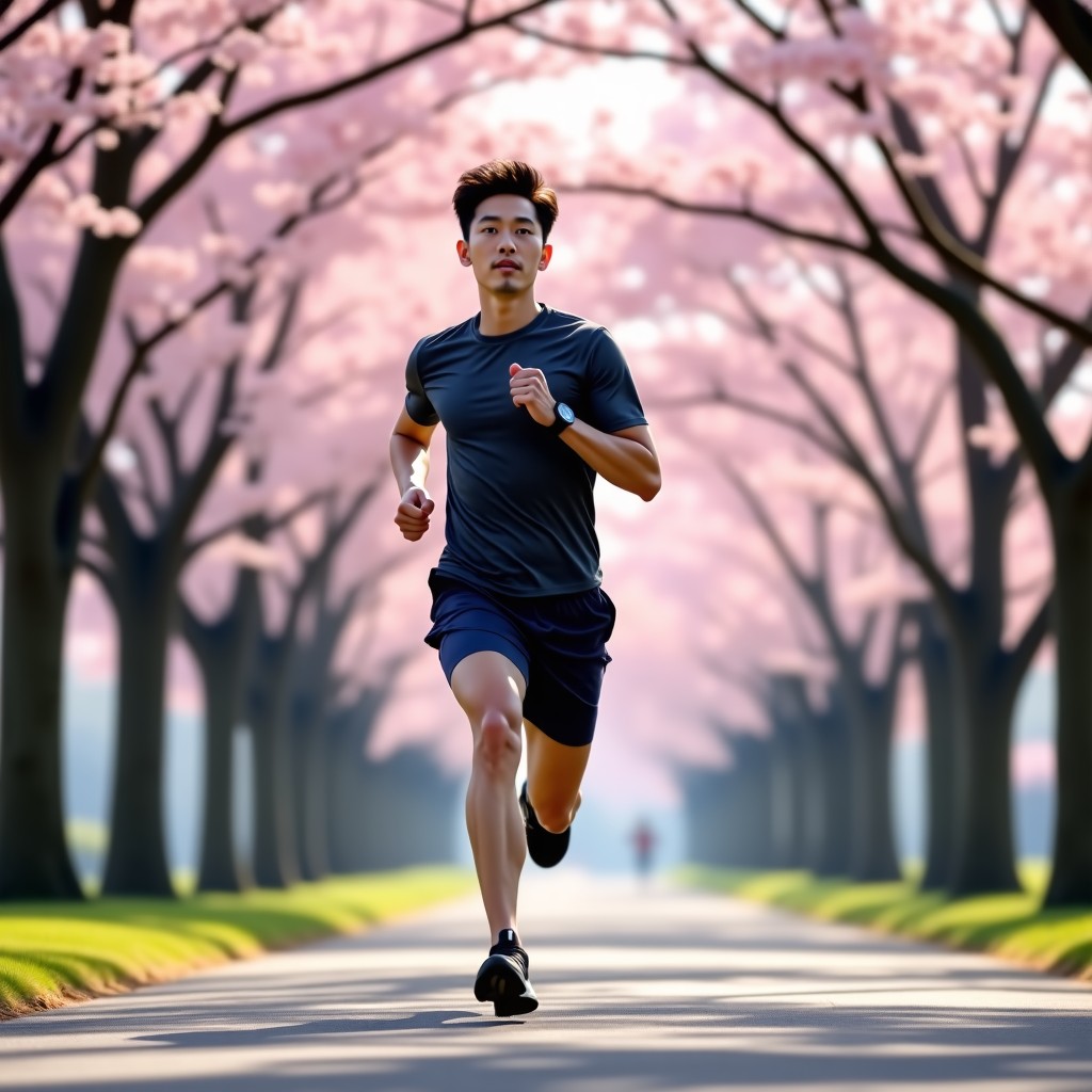 A Korean male runner stretching his legs in a park with cherry blossom trees, focused expression, wearing professional running gear, morning sunlight, 4:3