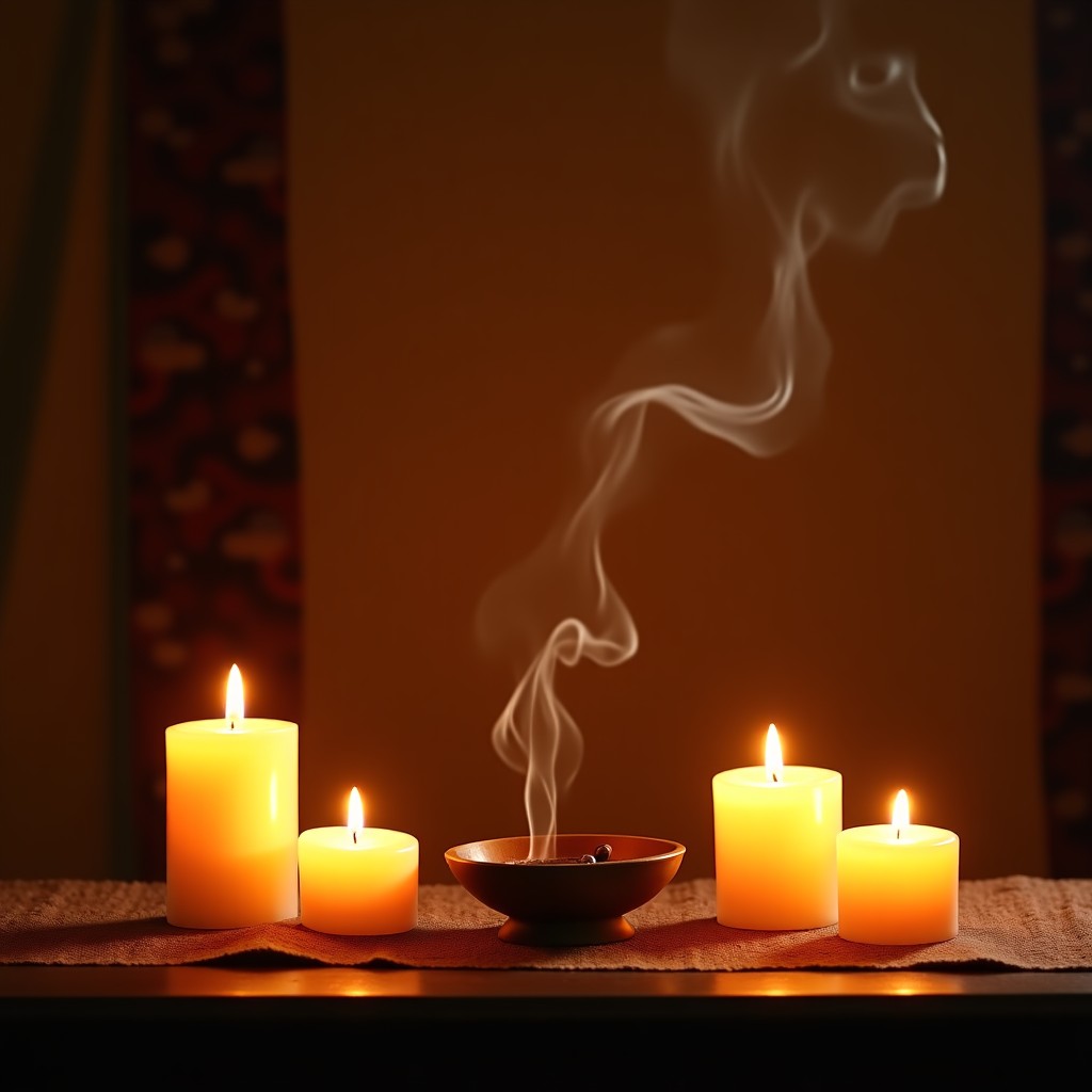 Several lit candles and a small incense burner on a dark wooden table creating a calm and spiritual atmosphere. Soft focus background with traditional fabric textures. High contrast and warm tones. No text. 1:1