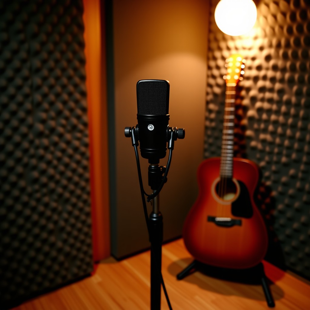 A professional recording studio with a high-end condenser microphone and soundproofing foam on the walls. A guitar leaning against a stand. Cinematic lighting, sophisticated and artistic mood. No text. 4:3