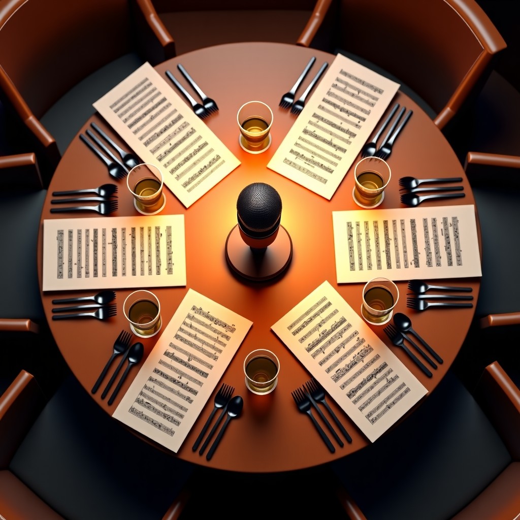 Top-down view of a sophisticated dinner table with musical sheets and a vintage microphone, elegant plates and wine glasses, warm ambient lighting, highly detailed, 1:1