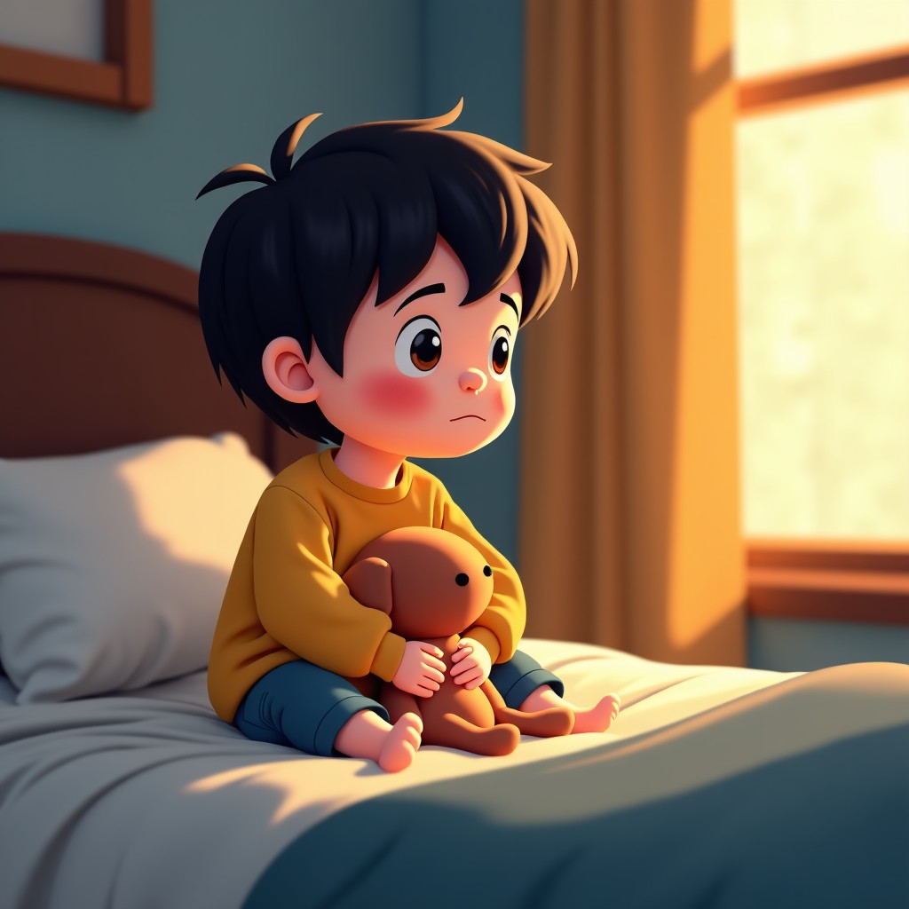 a thoughtful illustration of a young child sitting quietly on a bed with a soft toy, warm but slightly melancholic indoor lighting, expressive facial expression, realistic style, no text, 4:3