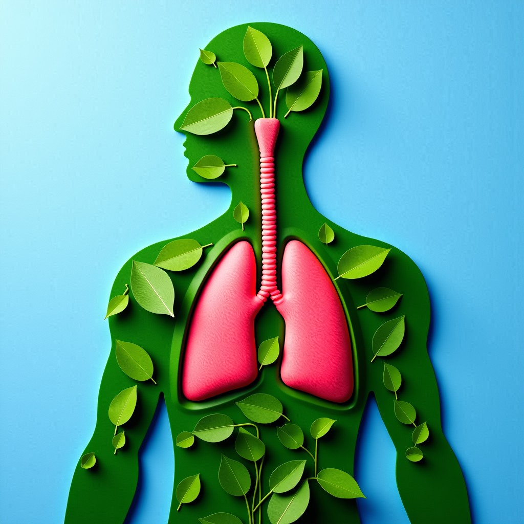 An artistic rendering of a human respiratory system integrated with green leaves and clear blue sky background, symbolizing healthy breathing, high contrast, textured background, 1:1
