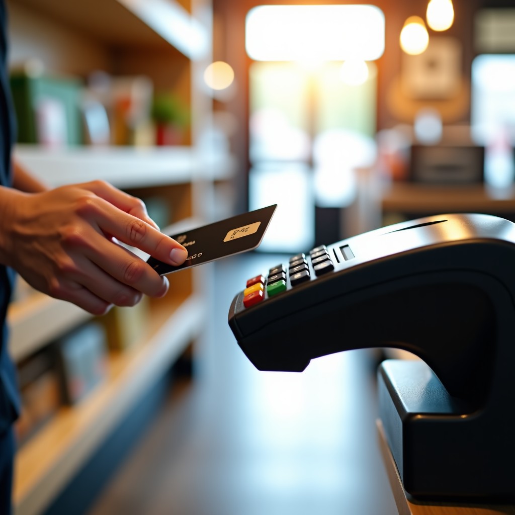 A close-up of a person holding a credit card over a payment terminal in a bright retail store, natural sunlight, lifestyle photography, natural setting, 4:3