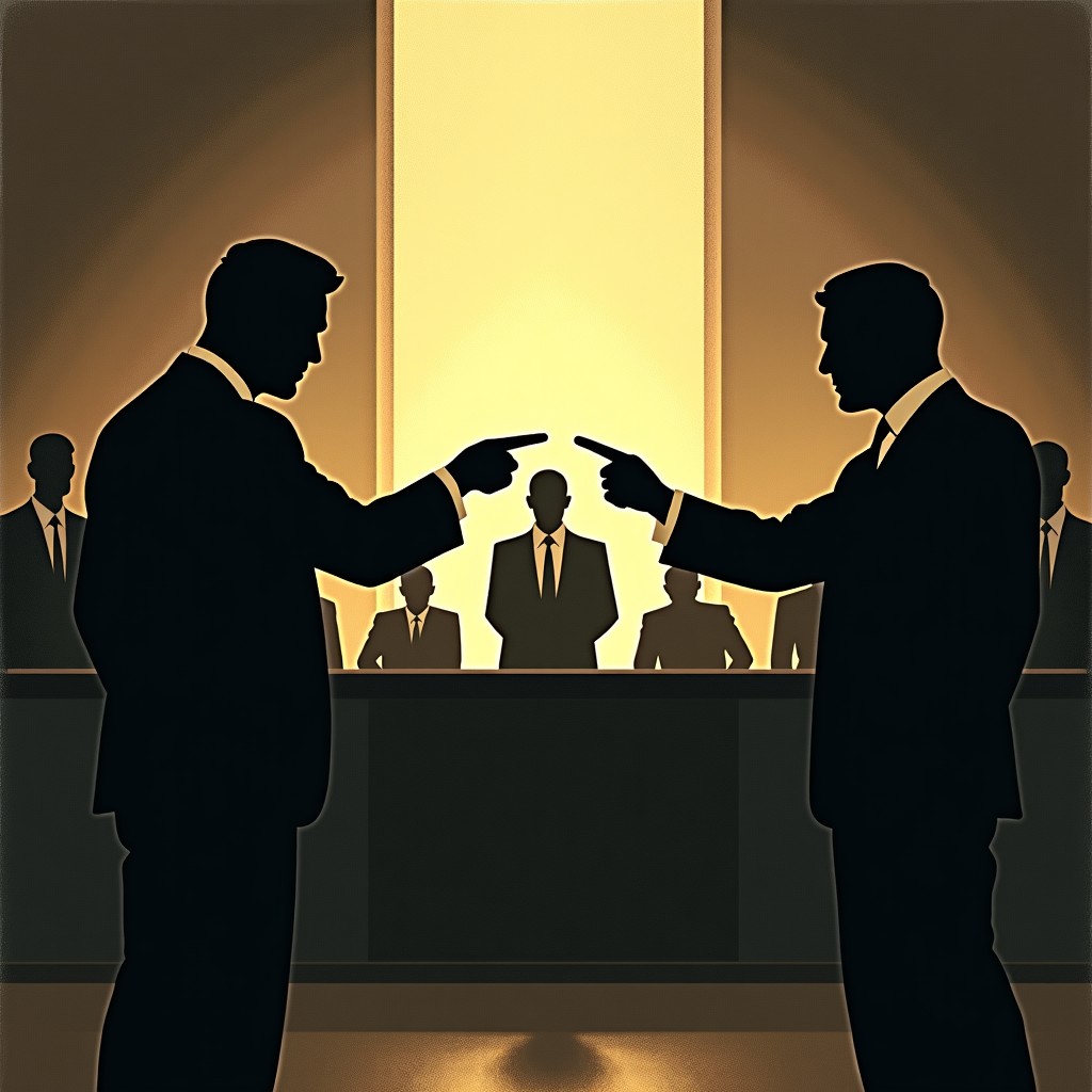 Illustration of a 1950s style hearing room, aggressive atmosphere with shadowy figures pointing fingers, grainy film noir aesthetic, textured background 4:3