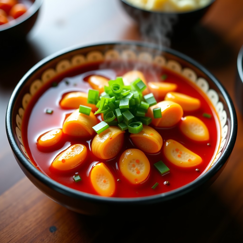 A steaming bowl of spicy Korean chicken tteokbokki with red sauce, boneless chicken pieces, wheat rice cakes, and green onions, high angle view, cinematic lighting, warm atmosphere, professional food photography, 4:3