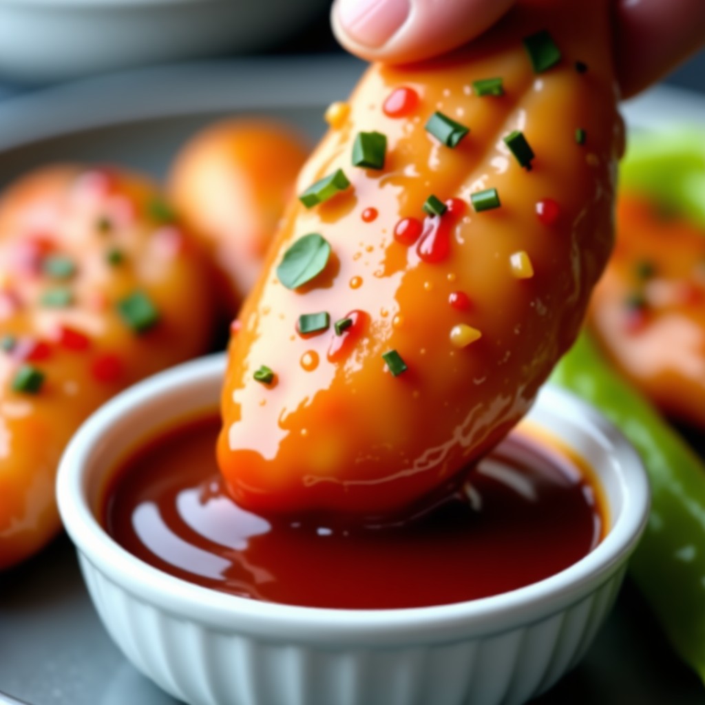 A piece of creamy glazed chicken being dipped into a small side dish of dark red spicy sauce, focused macro shot showing the texture of the sauce and chicken, 4:3