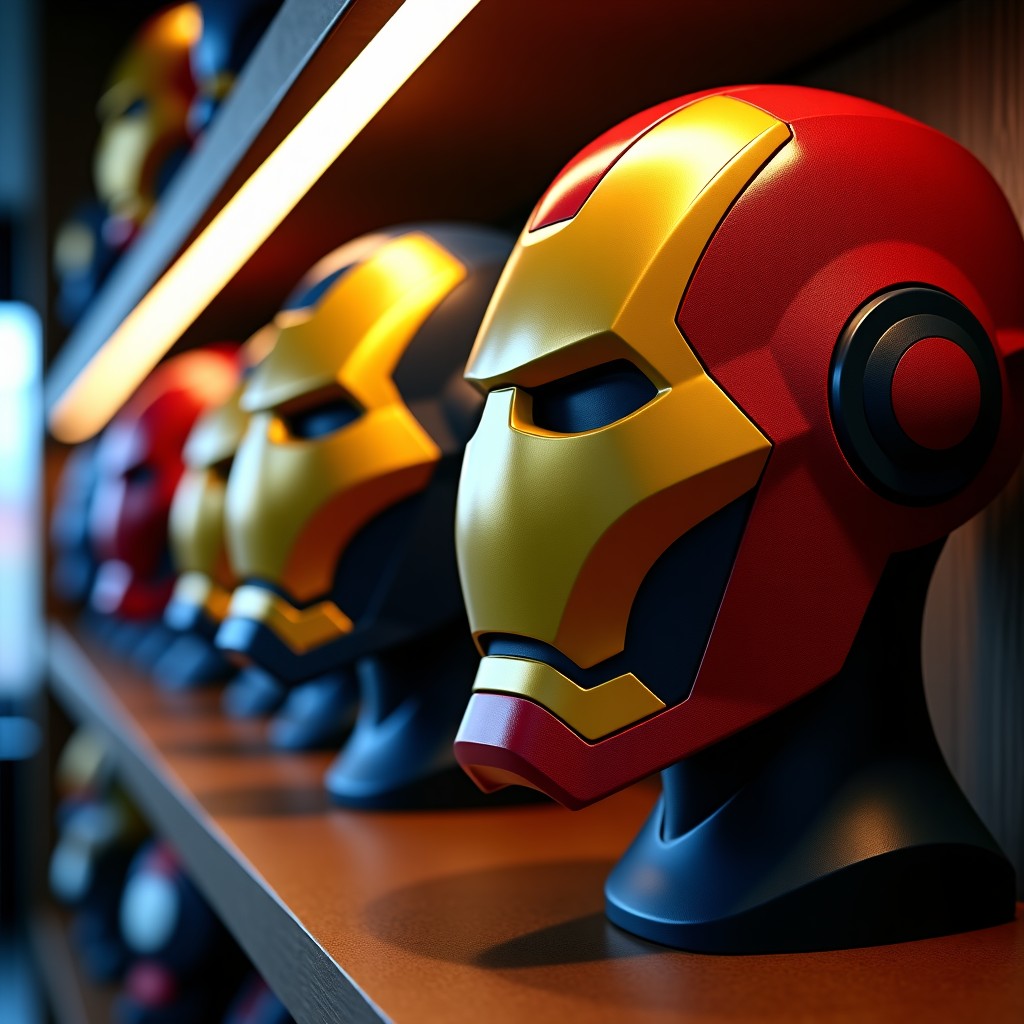 A collection of superhero helmets and action figures on a display shelf, cinematic lighting, focused on details, 4:3