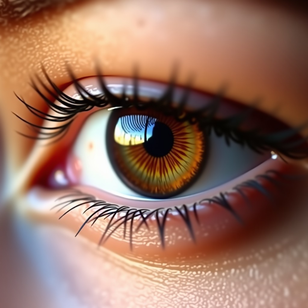 Close-up of a beautiful eye with a subtle deep brown contact lens featuring a fine highlight pattern, soft eyelashes, natural makeup, warm lighting, high quality photography. 1:1