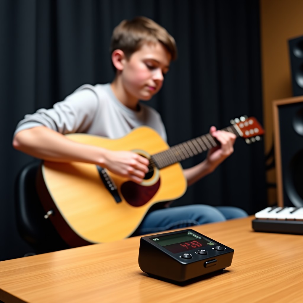 A student practicing guitar with a digital metronome placed on a wooden table. Modern music studio background, focused atmosphere, clean layout, high contrast lighting. No text. 1:1