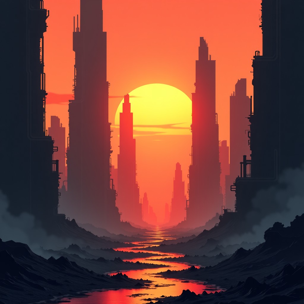 A destroyed futuristic city landscape with crumbling skyscrapers, a deep orange and red sunset sky, desolate and lonely atmosphere, highly detailed environment art, 4:3