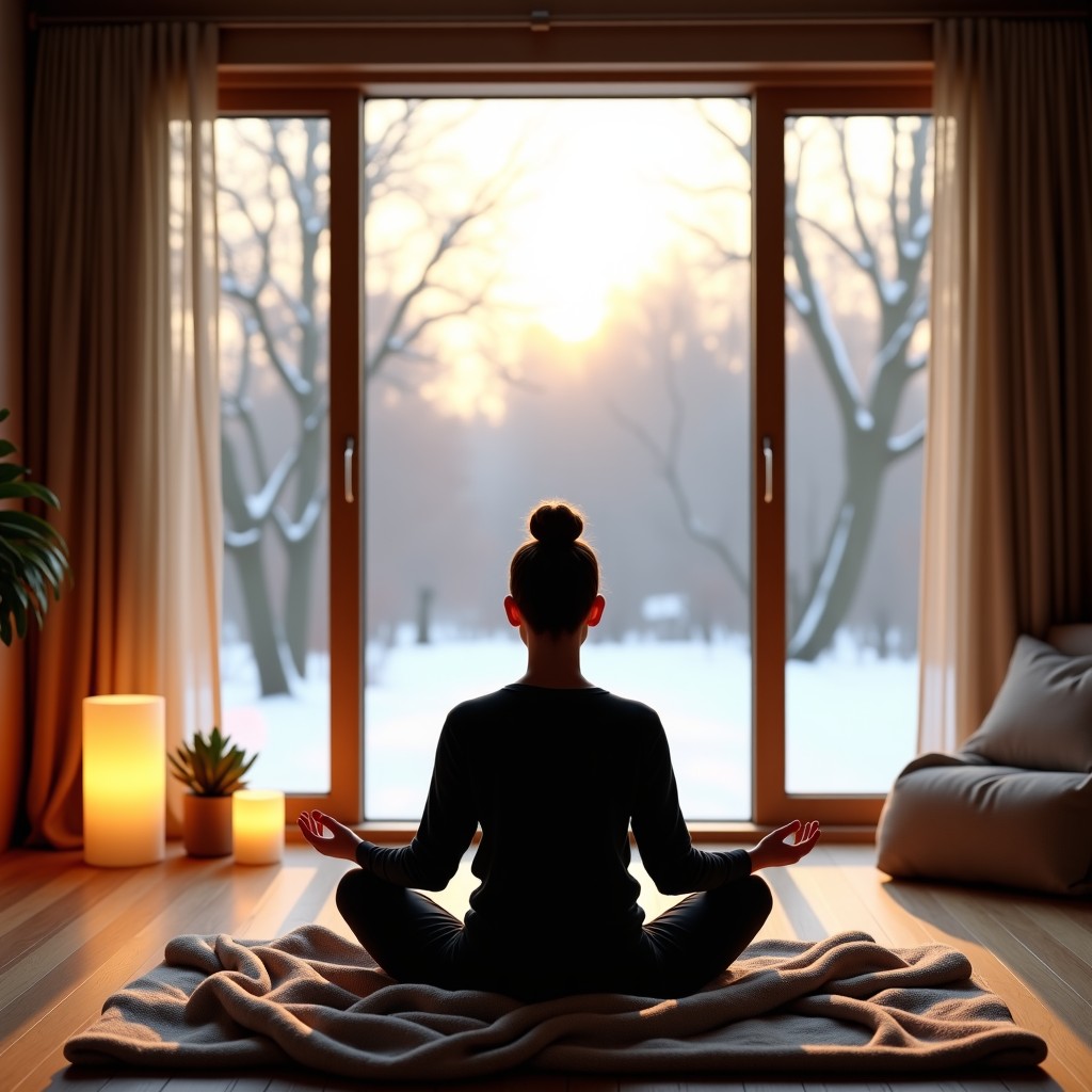 A serene indoor setting with a person practicing meditation near a large window showing a winter garden. Warm interior lighting, cozy blankets, wooden textures, peaceful and calm atmosphere, high quality, 1:1.