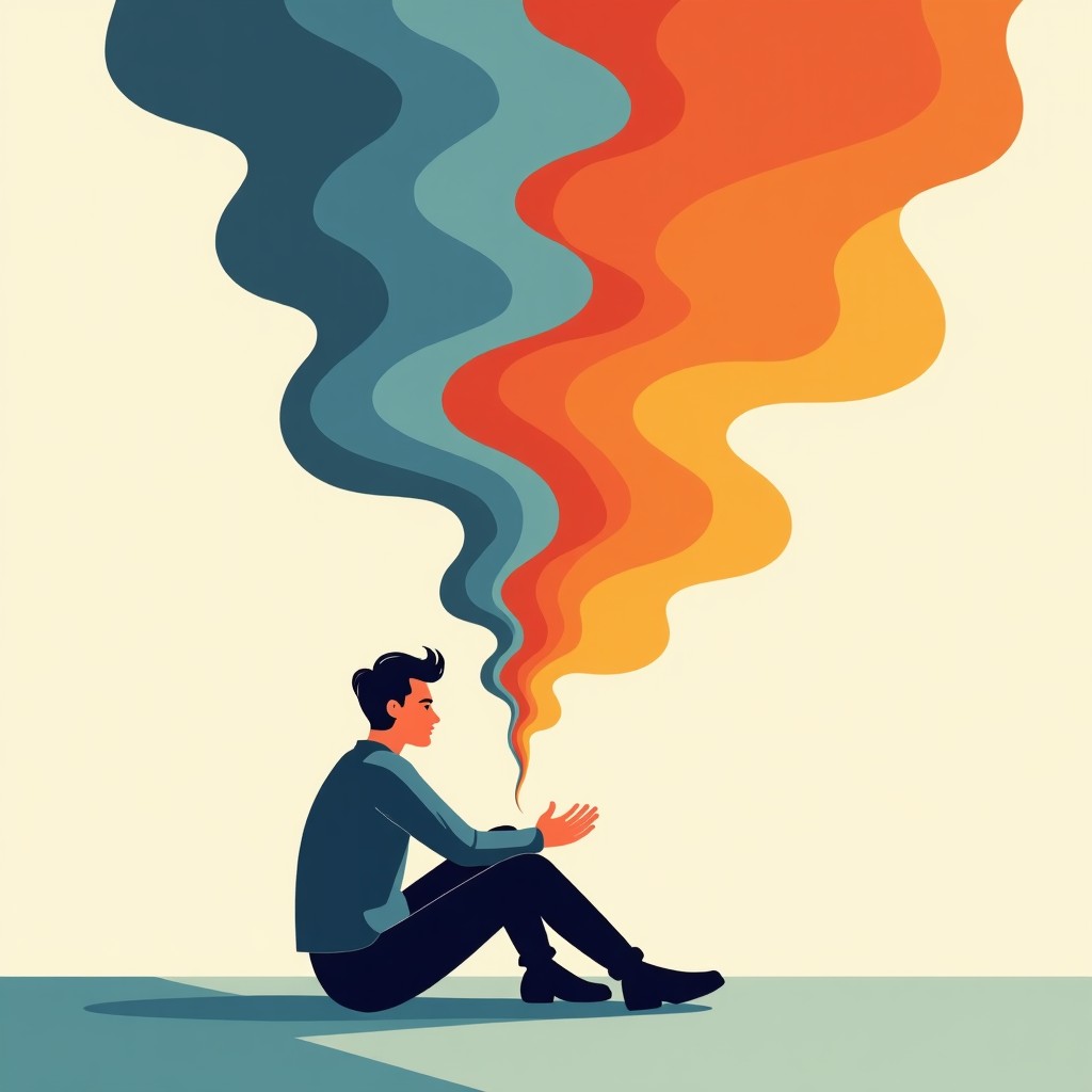 A contemplative person sitting in a modern minimal space, abstract colorful energy swirls representing various emotions around them, clean artistic rendering, 4:3