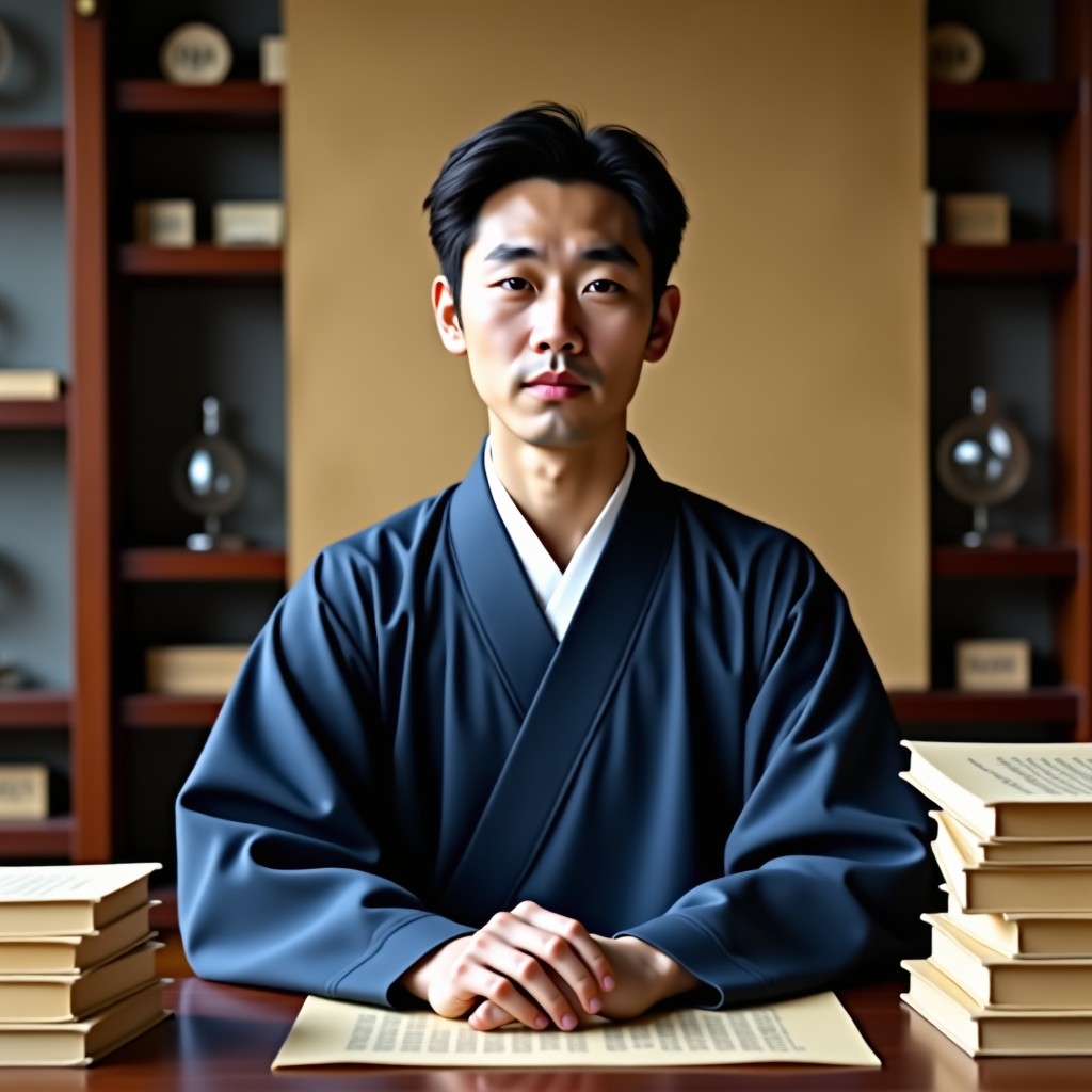 A smart-looking Korean man wearing a modern hanbok, surrounded by ancient scrolls and scientific books, scholarly and mystical atmosphere, lifestyle photography, 1:1
