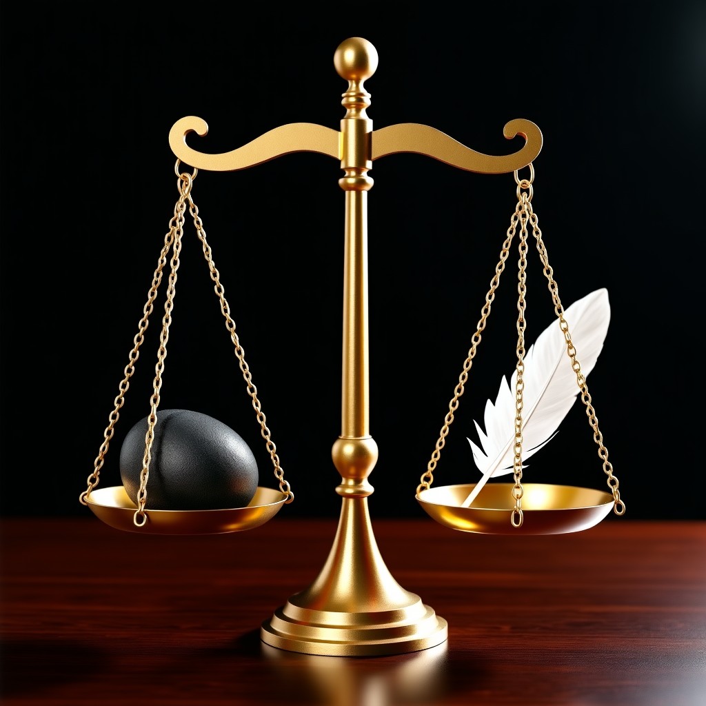 A classic golden scale of justice standing on a dark wooden table, one side heavily weighed down by a dark shadowy mass symbolizing heavy dishonor, the other side with a light feather, professional studio lighting, 1:1