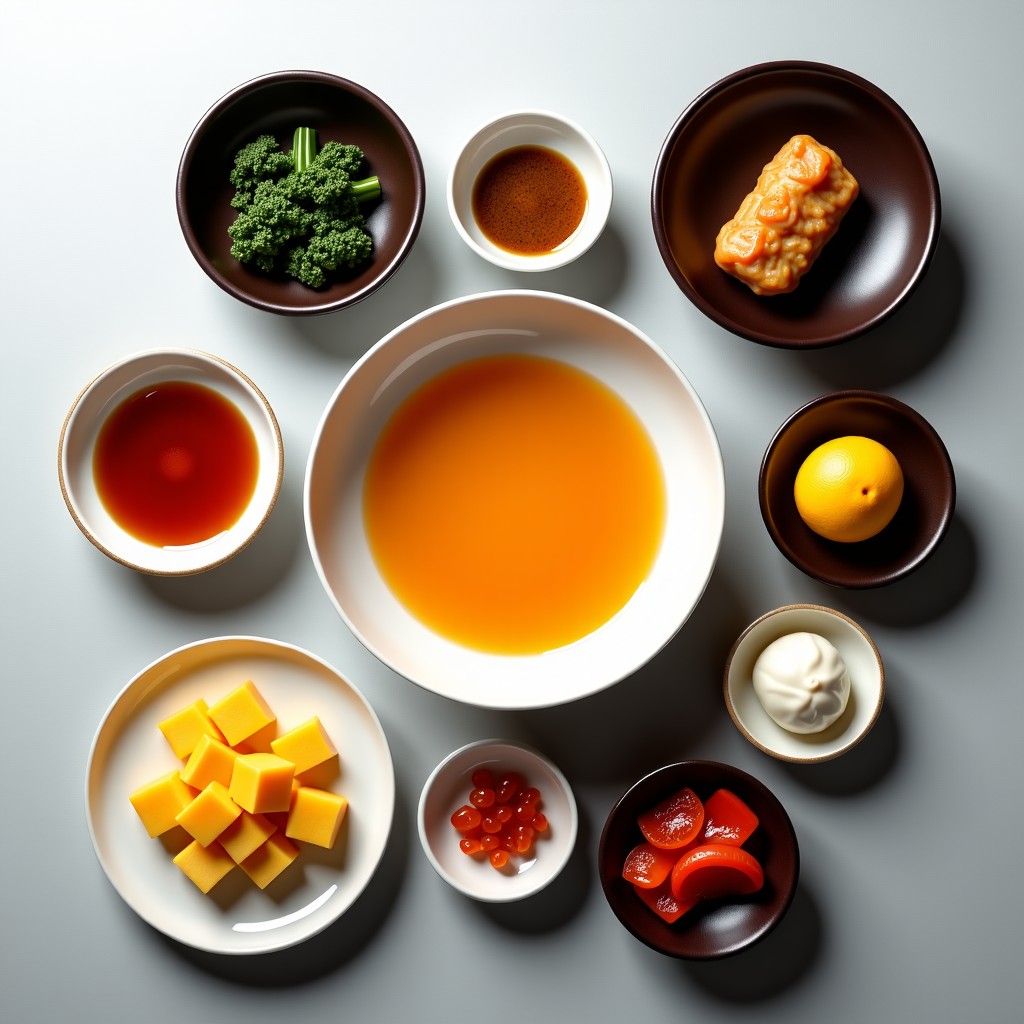 Clean and modern flat lay of Korean traditional holiday food, Tteokguk, colorful Jeon, elegant ceramic plates, soft natural lighting, high contrast, 4:3