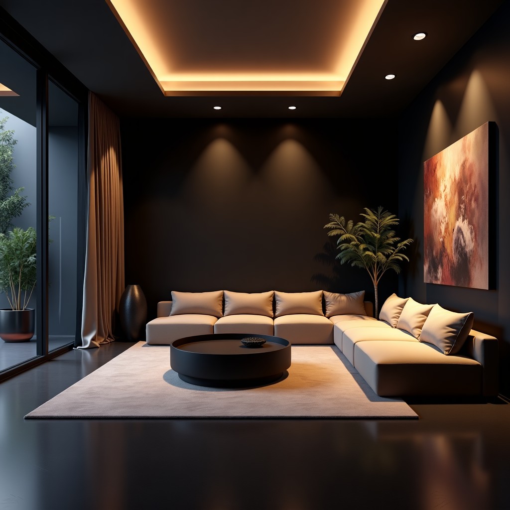 A luxurious and mysterious modern living room with cinematic lighting, high-end furniture, rich textures, deep shadows, elegant atmosphere, 4:3