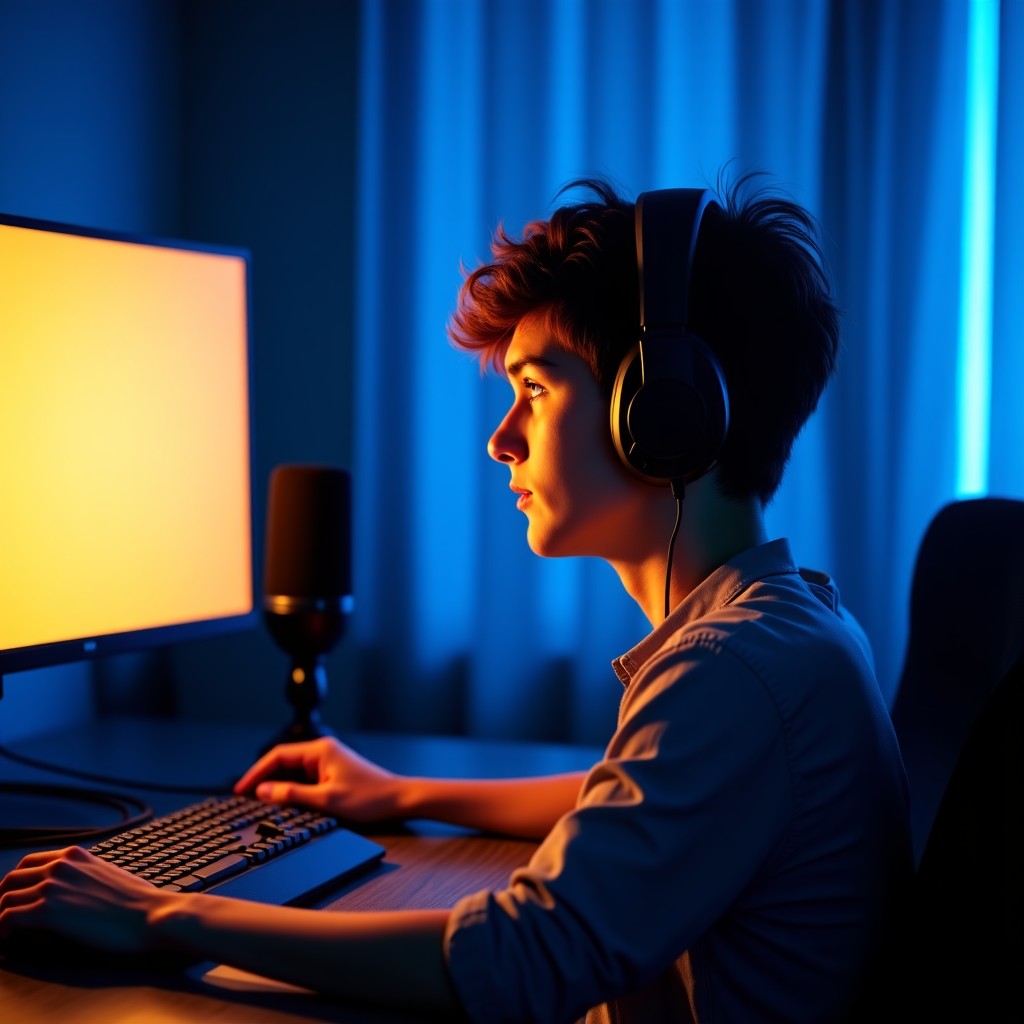 A realistic lifestyle photography of a young professional streamer sitting in a dimly lit gaming room, looking concerned at a glowing computer monitor. Natural cinematic lighting, authentic setup with a high-quality microphone and headphones. 4:3
