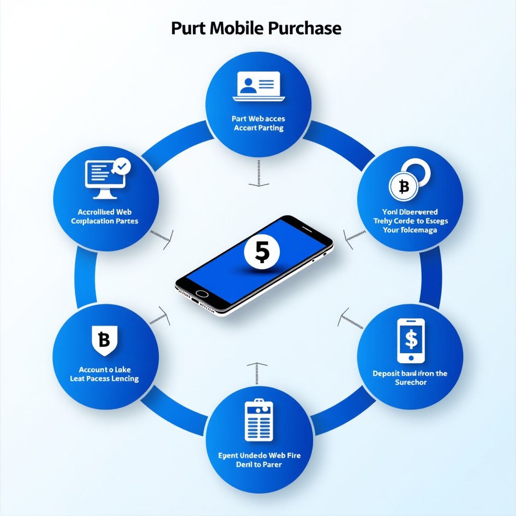 Modern and clean infographic showing a 5-step process for mobile lottery purchase, using icons for web access, identity verification, account linking, deposit, and selection, vibrant blue and white color palette, professional layout, no text, 4:3