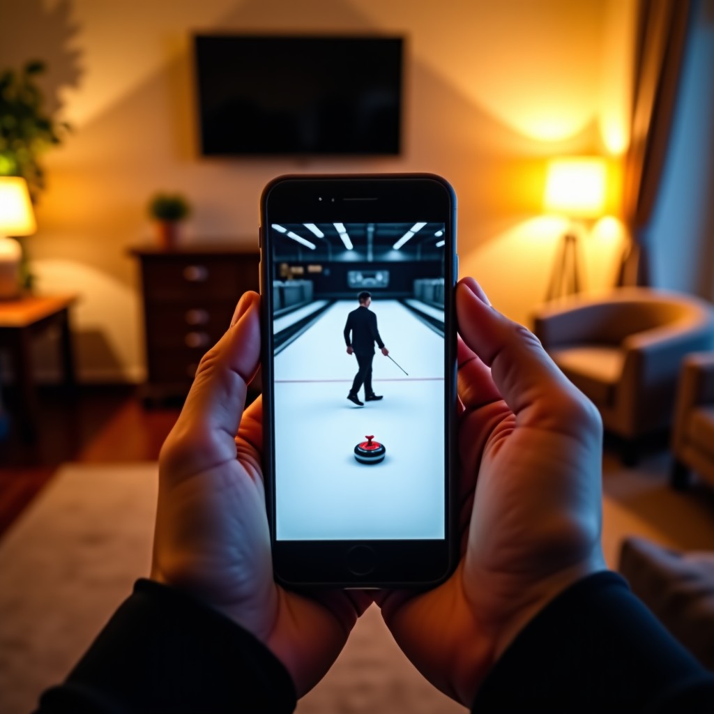 A person's hands holding a modern smartphone displaying a live sports broadcast of a curling match. Warm indoor lighting, blurred cozy living room background. 4:3